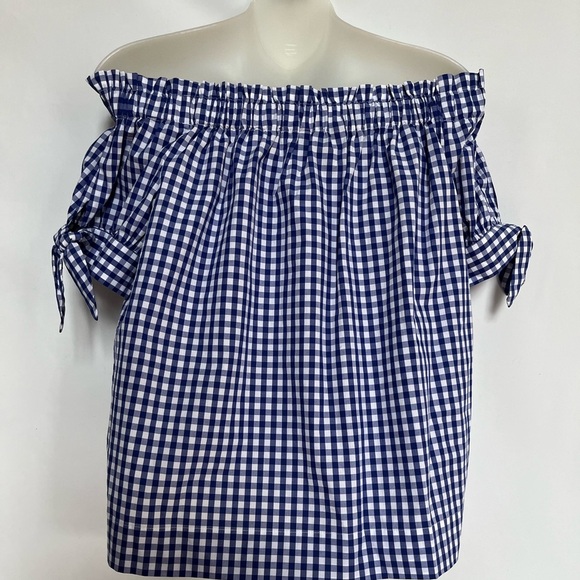 J. Crew Off the Shoulder Gingham Blue White Top Blouse Size 6 - Picture 9 of 15